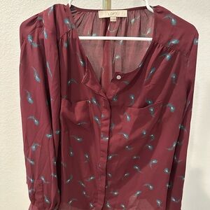 LOFT Burgundy Buttoned Blouse with Mandarin Collar